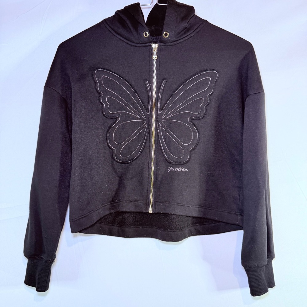 Justice Girls Black Butterfly Zip Up Hoodie Cropped Sweatshirt Size‎ S 7/8